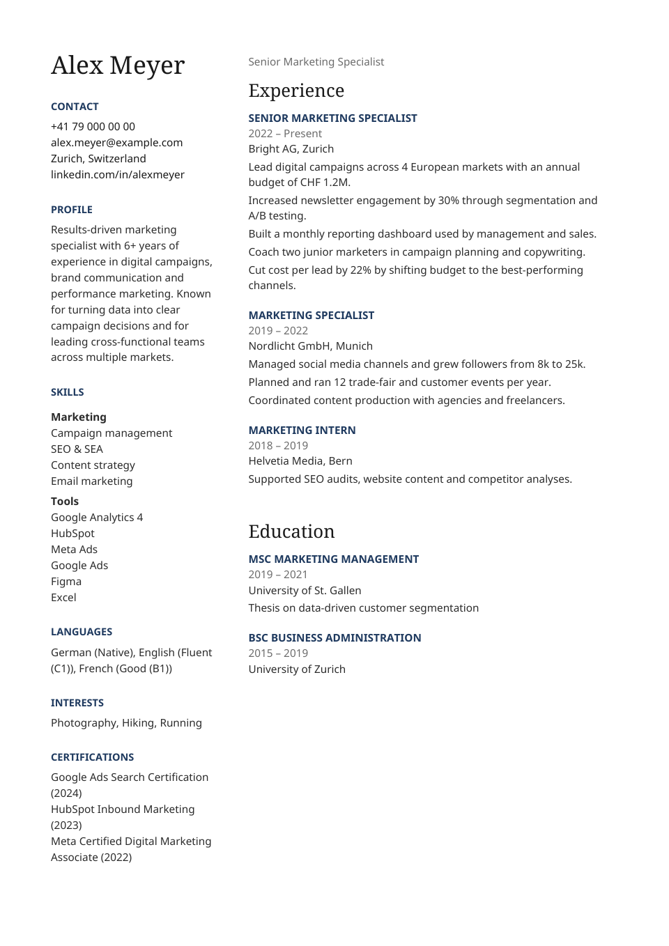 Editorial CV template preview
